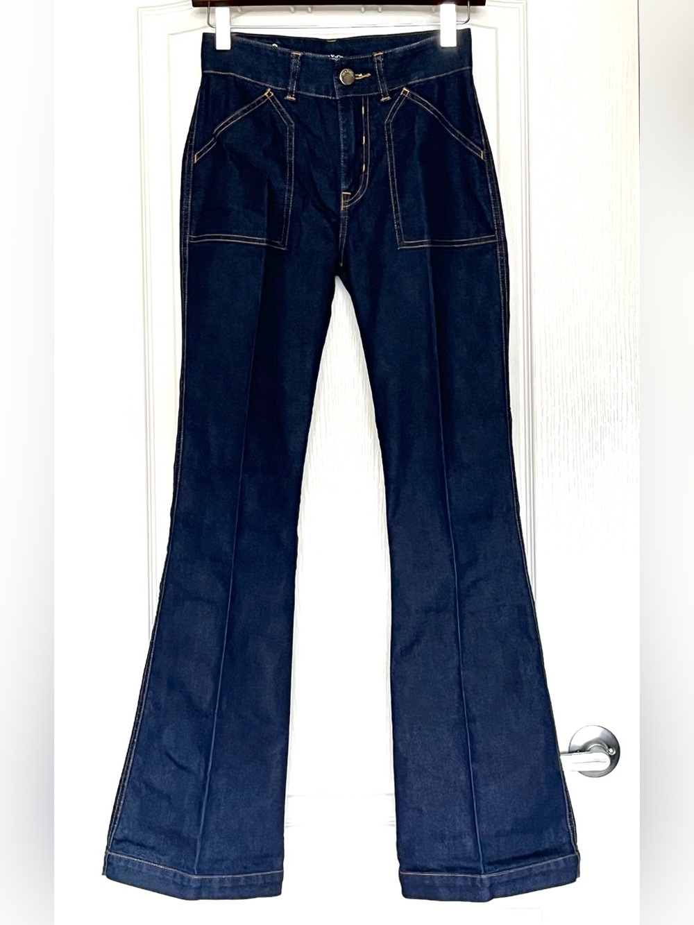 MAX&Co. Dark Wash Bootcut Flare Jeans, 24 Patch Pocket High Rise 70s Retro Denim
